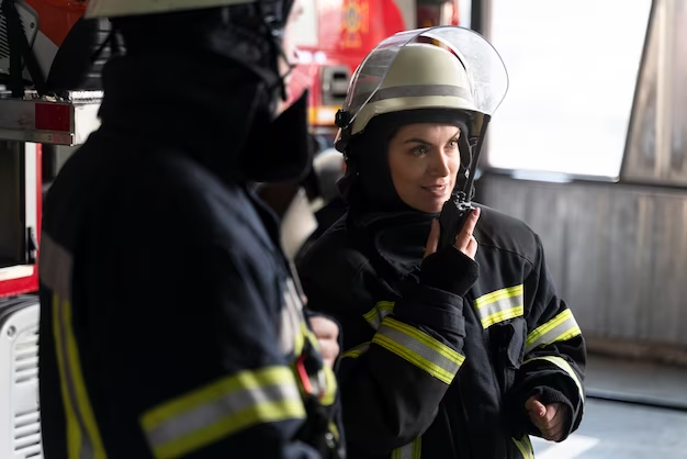 Two firefighters by a firetruck in uniforms, one using a radio