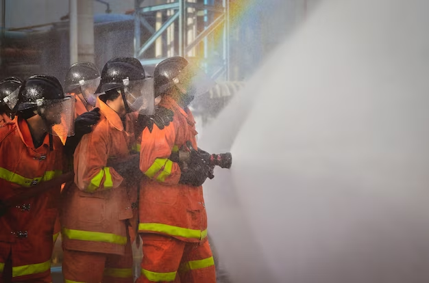 Firefighter in a line spraying water onto the fire.