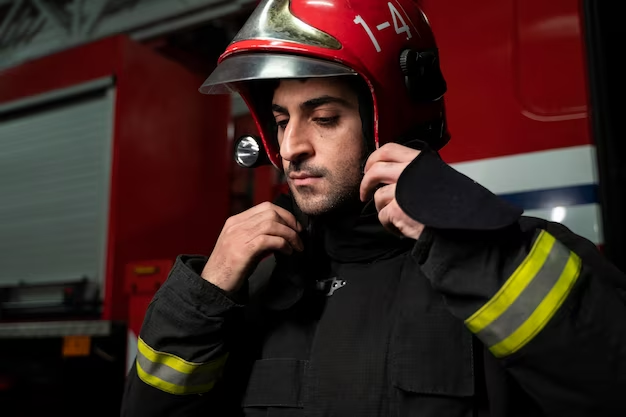 Firefighter putting on helmet