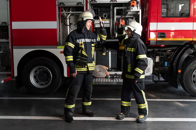 Two firefighters about to high-five with a fire truck in the background.