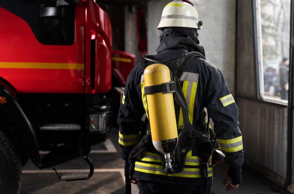 Firefighter in gear with air tank stands by a red fire truck