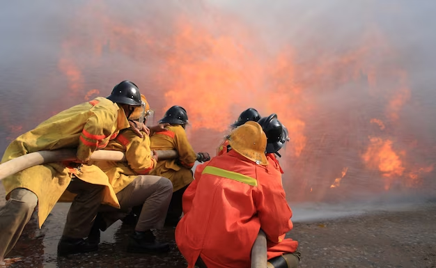 Firefighters in two different uniform colors extinguishing a fire