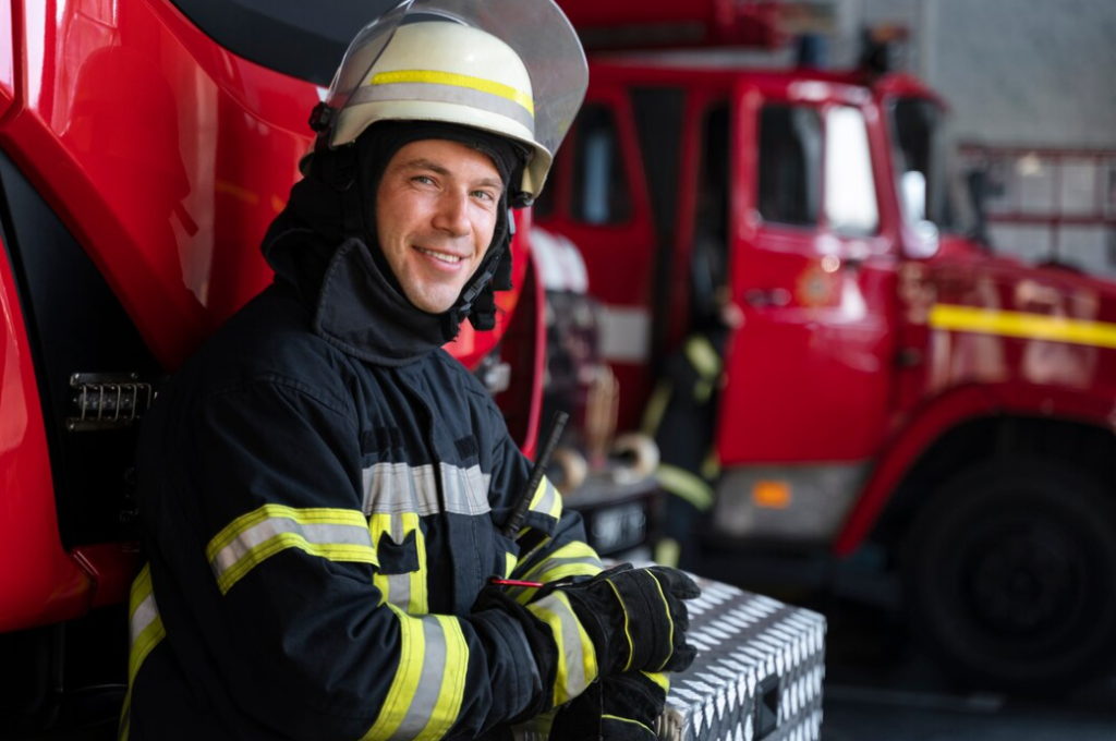 A smiling firefighter in full gear leans against a bright red fire truck