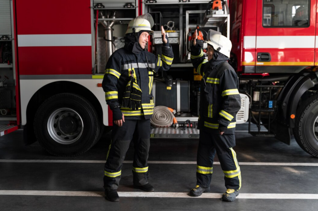 Two firefighters in protective gear share a light moment beside a red fire truck