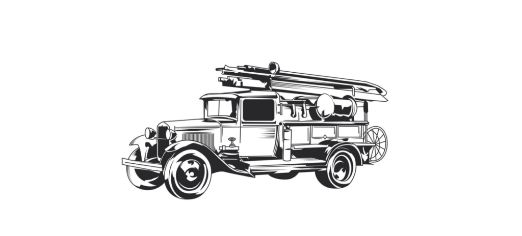 Vintage fire truck illustration in black and white